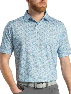 FootJoy Allover Floral Print Lisle Polo Shirt (Athletic Fit) - White/Blue