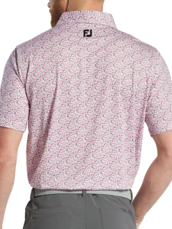 FootJoy Allover Floral Print Lisle Polo Shirt (Athletic Fit) - White/Pink