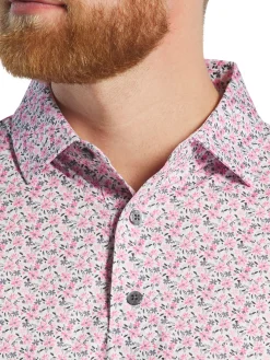 FootJoy Allover Floral Print Lisle Polo Shirt (Athletic Fit) - White/Pink