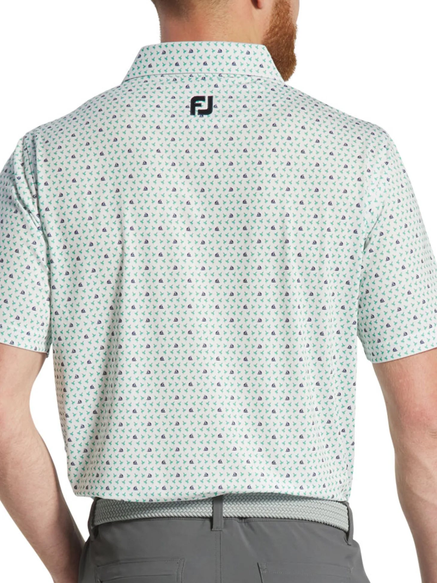 FootJoy Flying Wasp Print Lisle Polo Shirt (Athletic Fit) - White/Emerald/Navy
