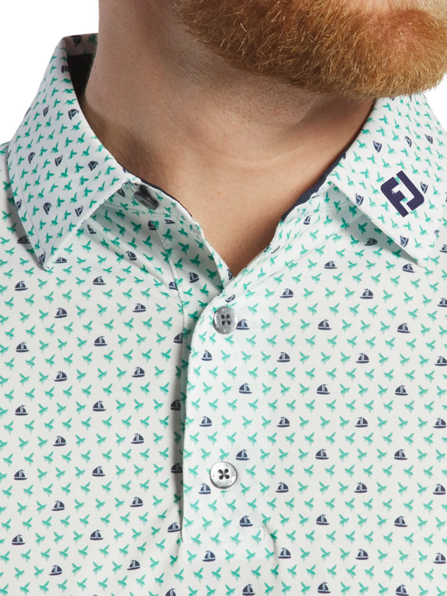 FootJoy Flying Wasp Print Lisle Polo Shirt (Athletic Fit) - White/Emerald/Navy