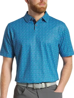 FootJoy Geometry Print Stretch Pique Polo Shirt (Athletic Fit) - Blue/Emerald