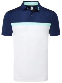 FootJoy Lisle Colour Block Golf Shirt (Athletic Fit) - White/Navy/Sea Glass
