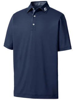 FootJoy Pique Solid Gingham Trim Golf Shirt (Athletic Fit) - Navy