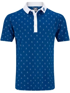 FootJoy Stretch Pique With Golf Print Golf Shirt (Athletic Fit) - Blue/White