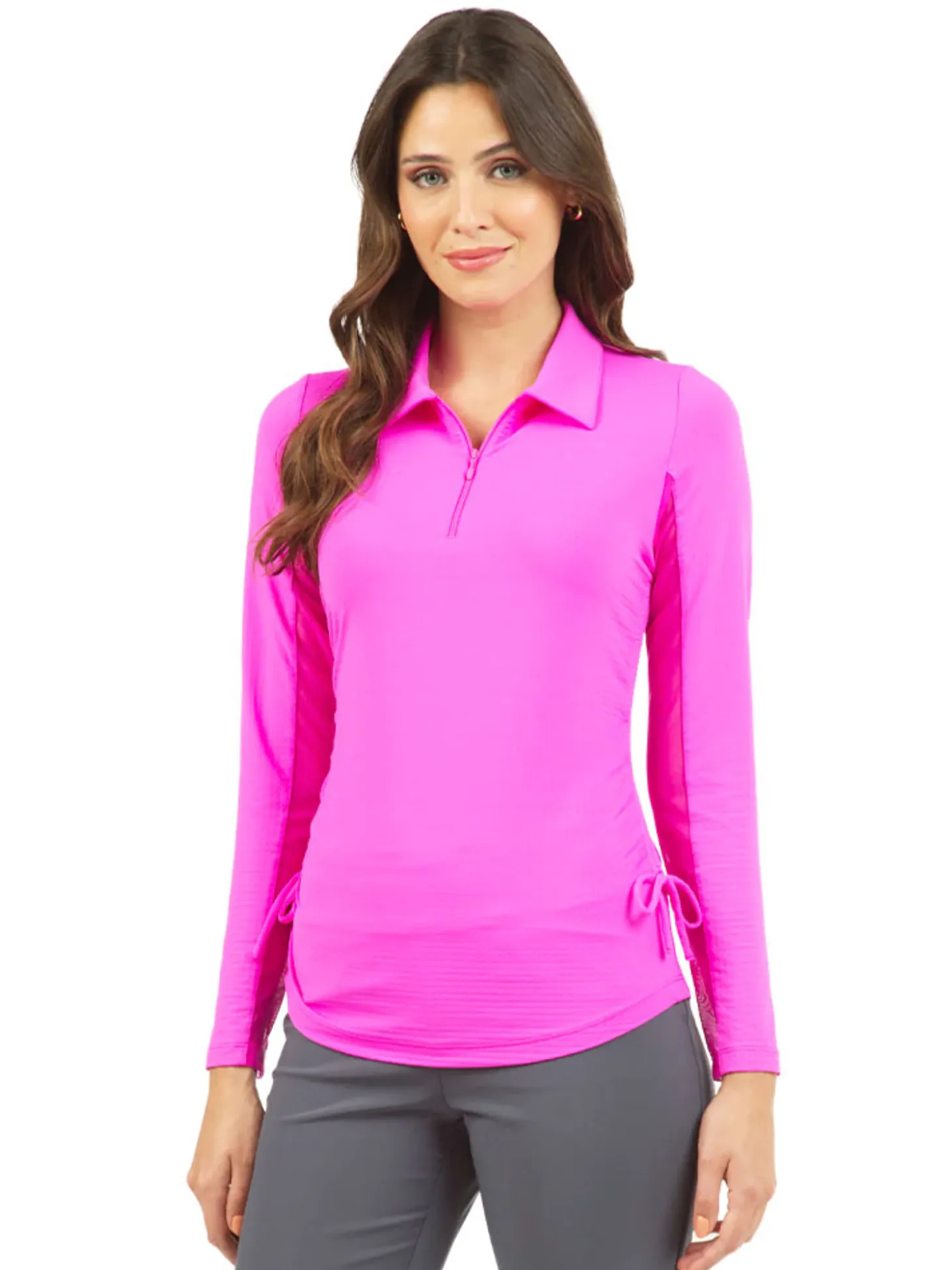 IBKUL Adjustable Long Sleeve Zip Polo - Hot Pink