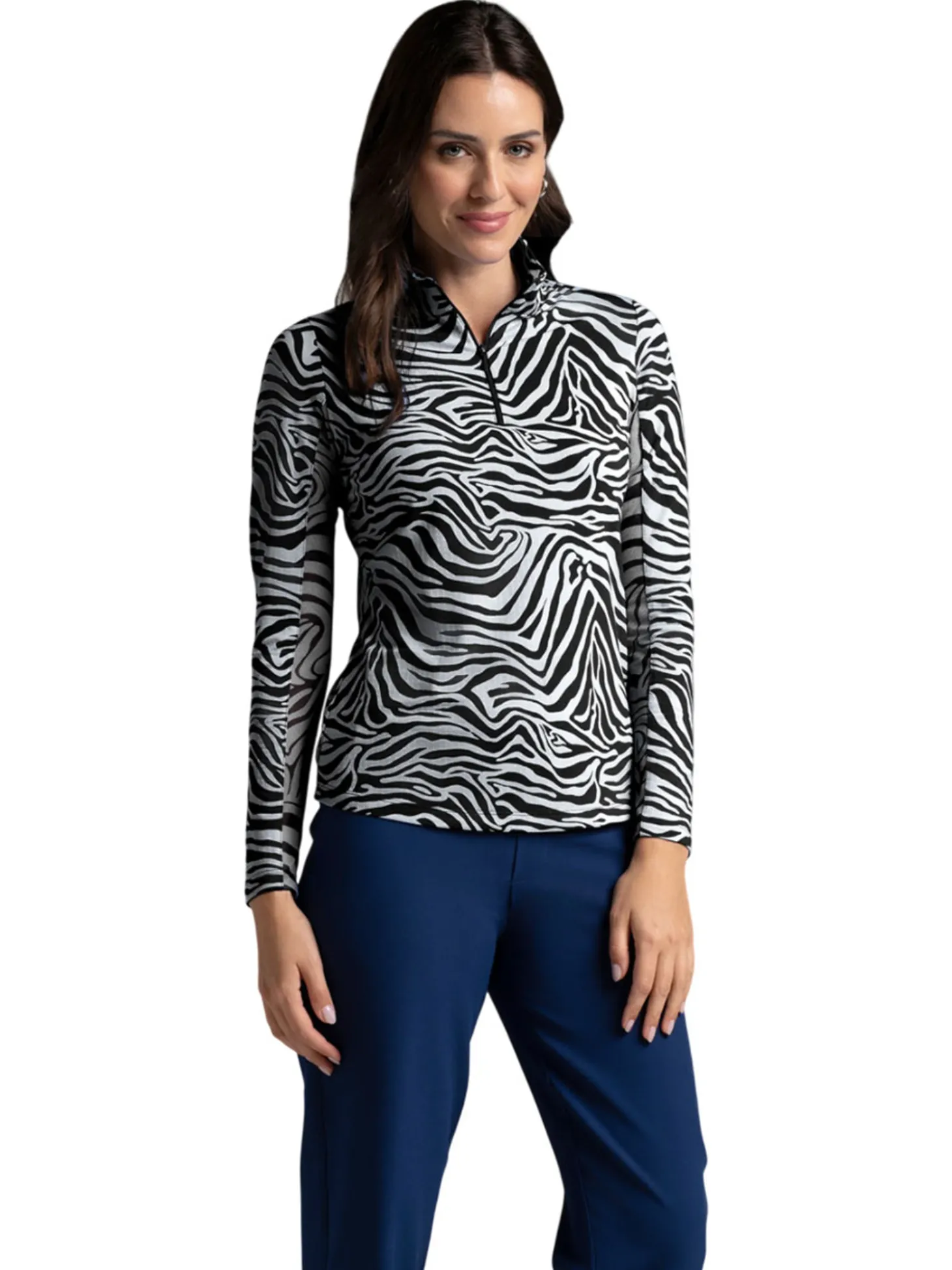 IBKUL Cecila Print Long Sleeve Mock Neck Top - Black/White