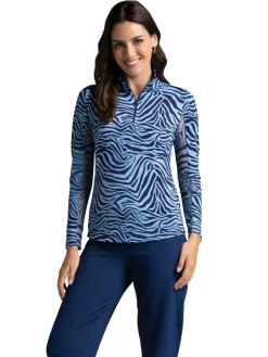 IBKUL Cecila Print Long Sleeve Mock Neck Top - Navy/Peri