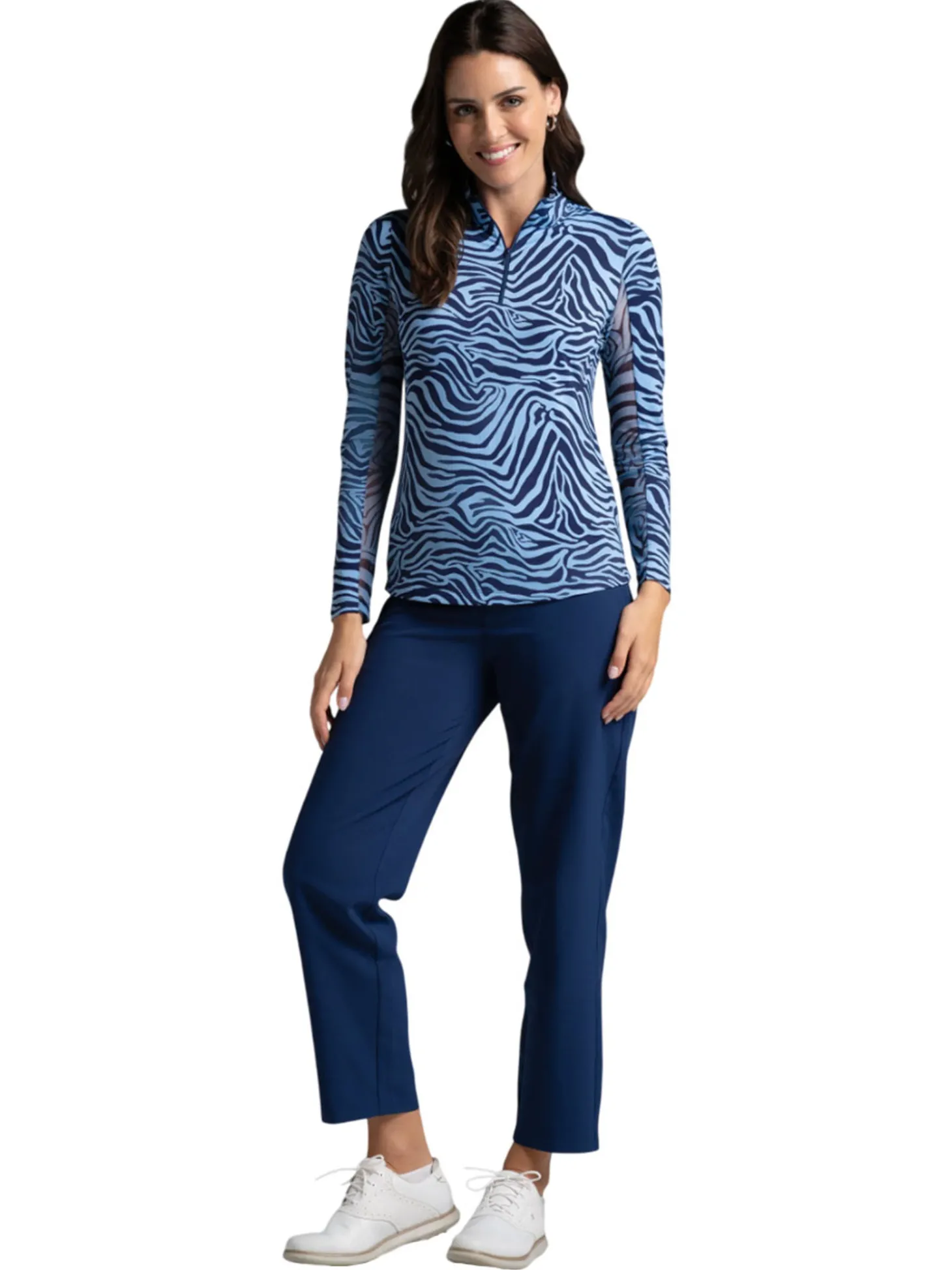 IBKUL Cecila Print Long Sleeve Mock Neck Top - Navy/Peri