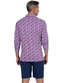 IBKUL Chaos Print Long Sleeve Polo - Watermelon/Ink