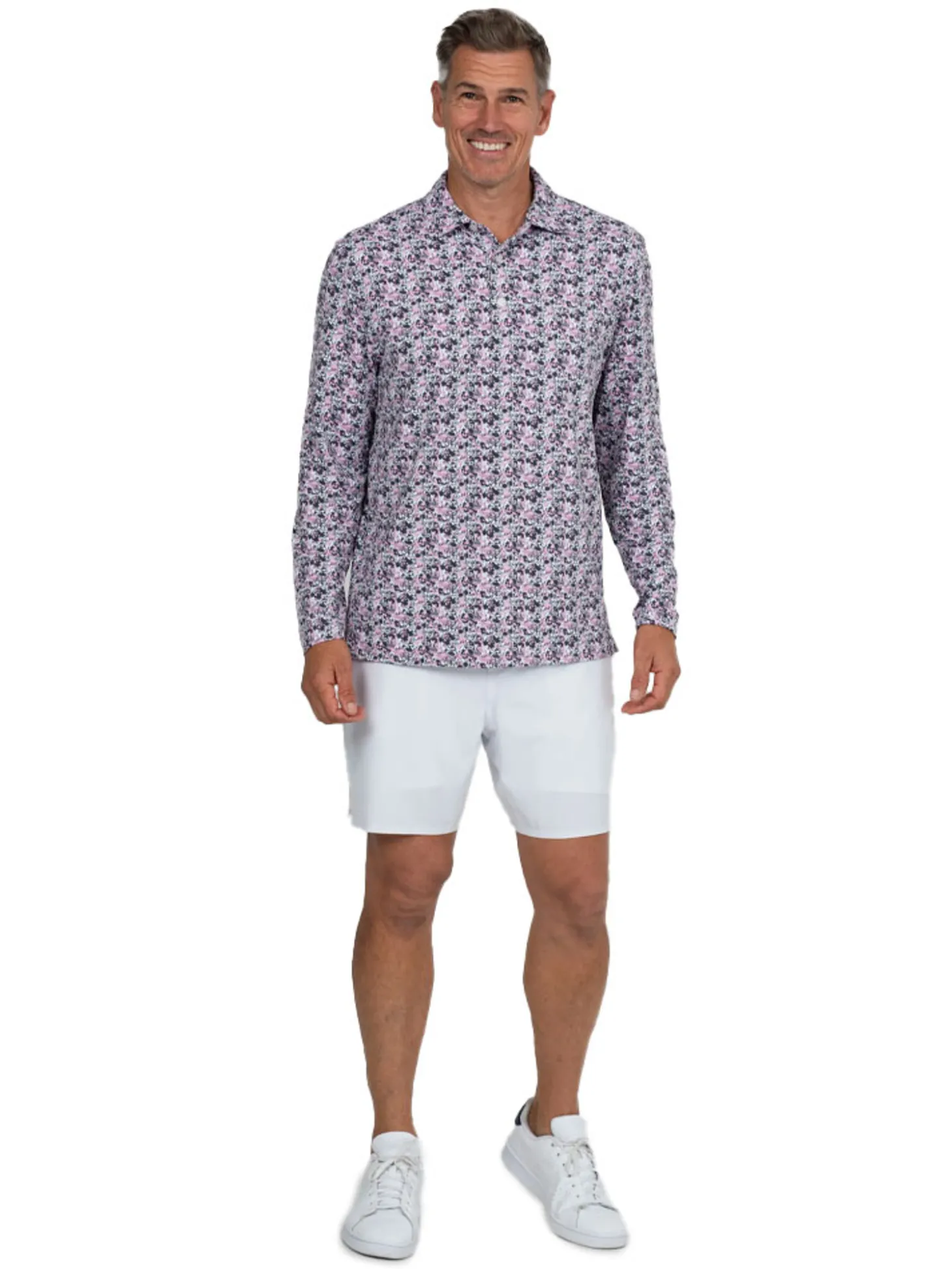 IBKUL Chaos Print Long Sleeve Polo - Lt. Pink/Charcoal