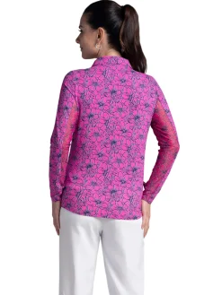 IBKUL Diana Print Long Sleeve Zip Polo - Hot Pink/Navy