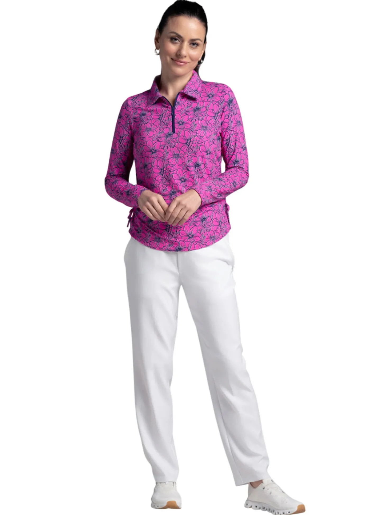 IBKUL Diana Print Long Sleeve Zip Polo - Hot Pink/Navy
