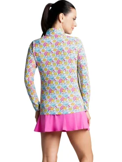 IBKUL Game On Print Long Sleeve Mock Neck Top - Raspberry/Turquoise