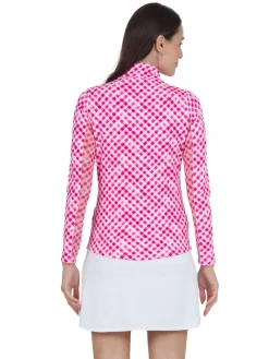 IBKUL Gingham Check Long Sleeve Mock Neck Top - Hot Pink/White
