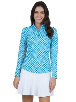IBKUL Gingham Check Long Sleeve Mock Neck Top - Turquoise/White