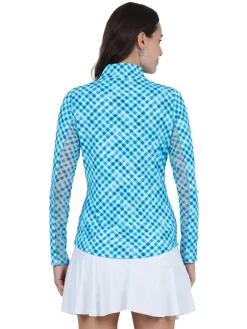IBKUL Gingham Check Long Sleeve Mock Neck Top - Turquoise/White