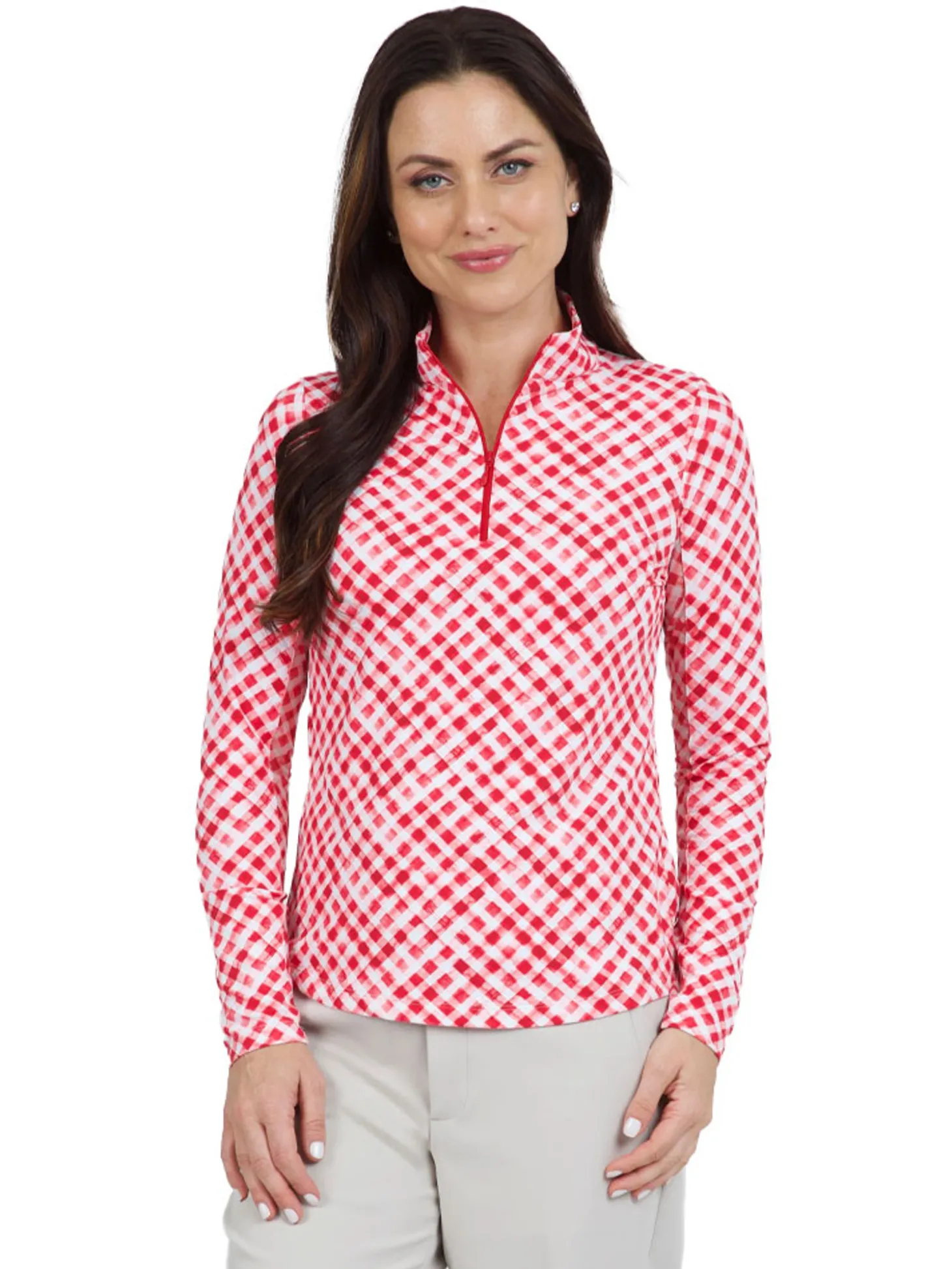 IBKUL Gingham Check Long Sleeve Mock Neck Top - Red/White