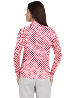 IBKUL Gingham Check Long Sleeve Mock Neck Top - Red/White