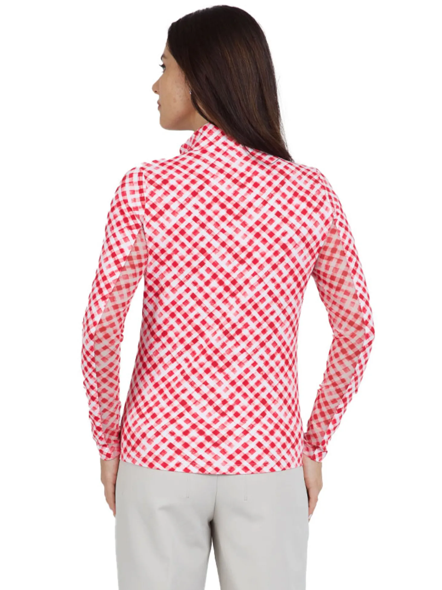IBKUL Gingham Check Long Sleeve Mock Neck Top - Red/White