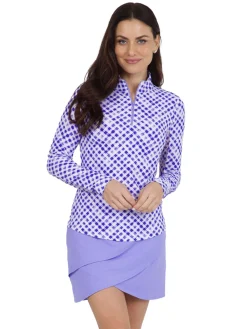 IBKUL Gingham Check Long Sleeve Mock Neck Top - Lavender/White