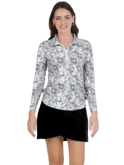 IBKUL Kathy Print Long Sleeve Zip Polo - Black/Grey