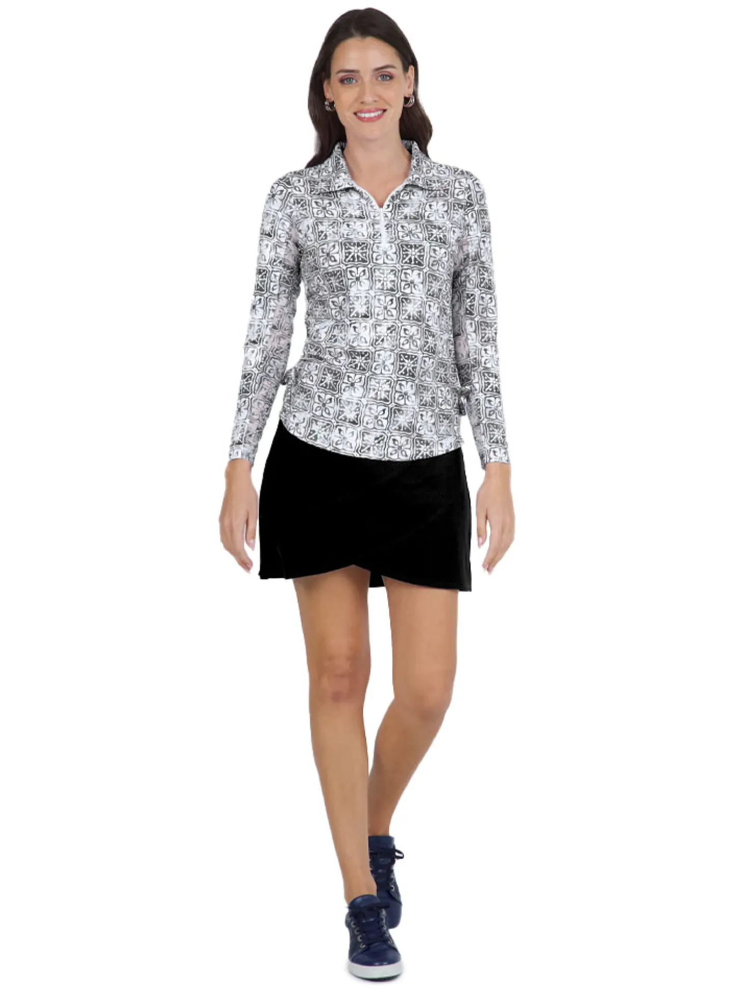 IBKUL Kathy Print Long Sleeve Zip Polo - Black/Grey