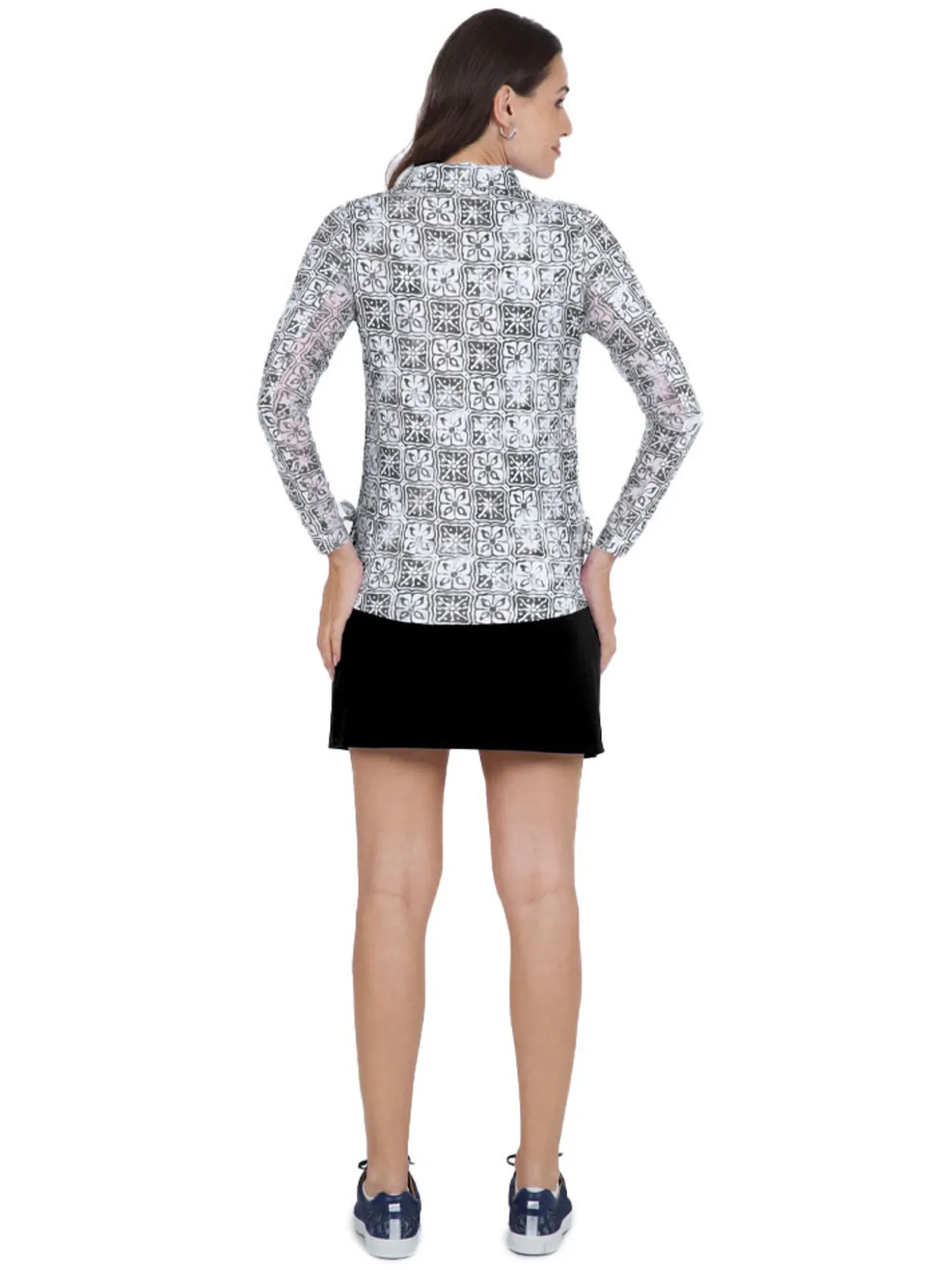 IBKUL Kathy Print Long Sleeve Zip Polo - Black/Grey