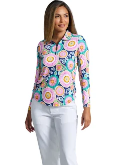 IBKUL Leona Print Long Sleeve Zip Polo - Navy Multi