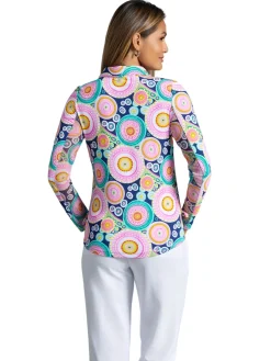 IBKUL Leona Print Long Sleeve Zip Polo - Navy Multi