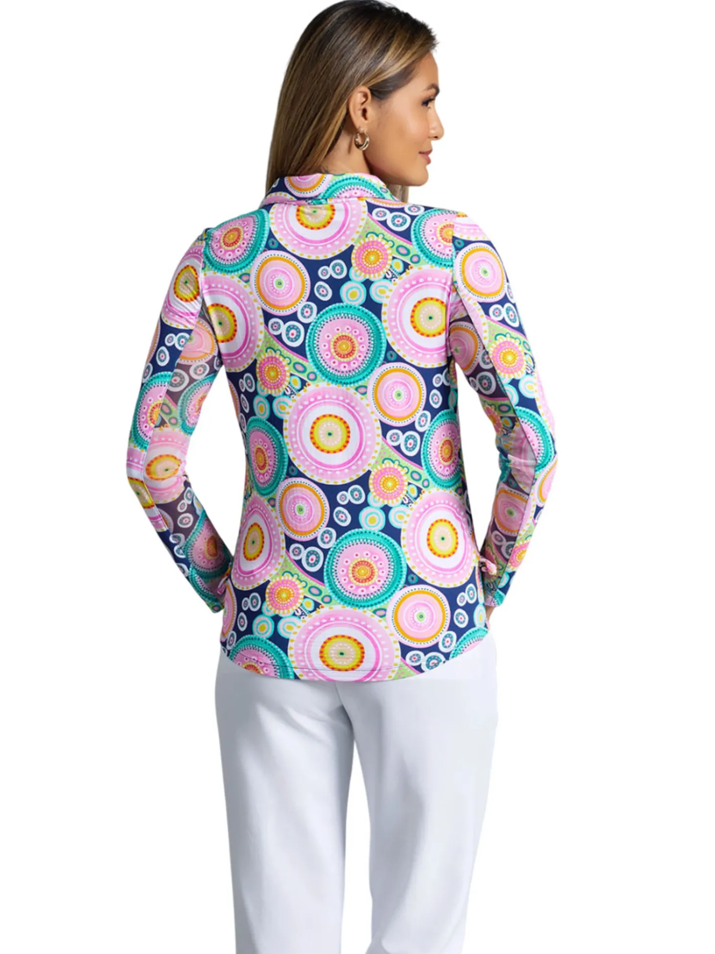 IBKUL Leona Print Long Sleeve Zip Polo - Navy Multi