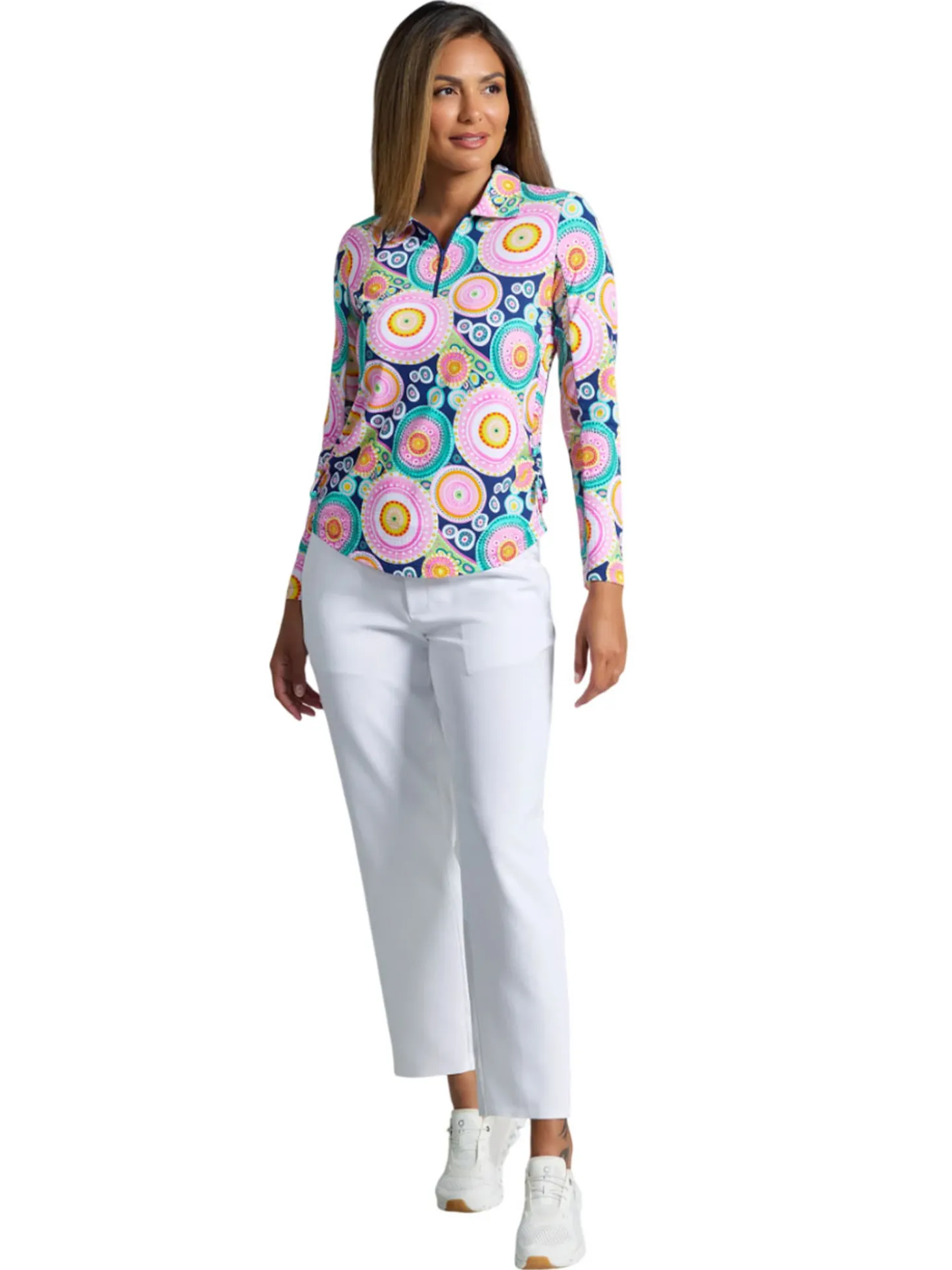 IBKUL Leona Print Long Sleeve Zip Polo - Navy Multi