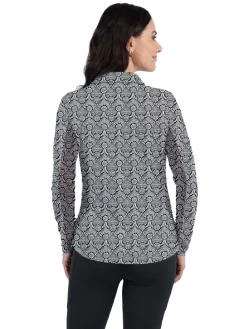 IBKUL Leslie Print Long Sleeve Zip Polo - Black/White
