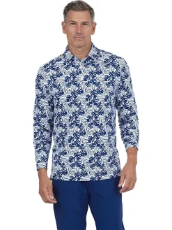 IBKUL Palm Leaf Print Long Sleeve Polo - White/Ink