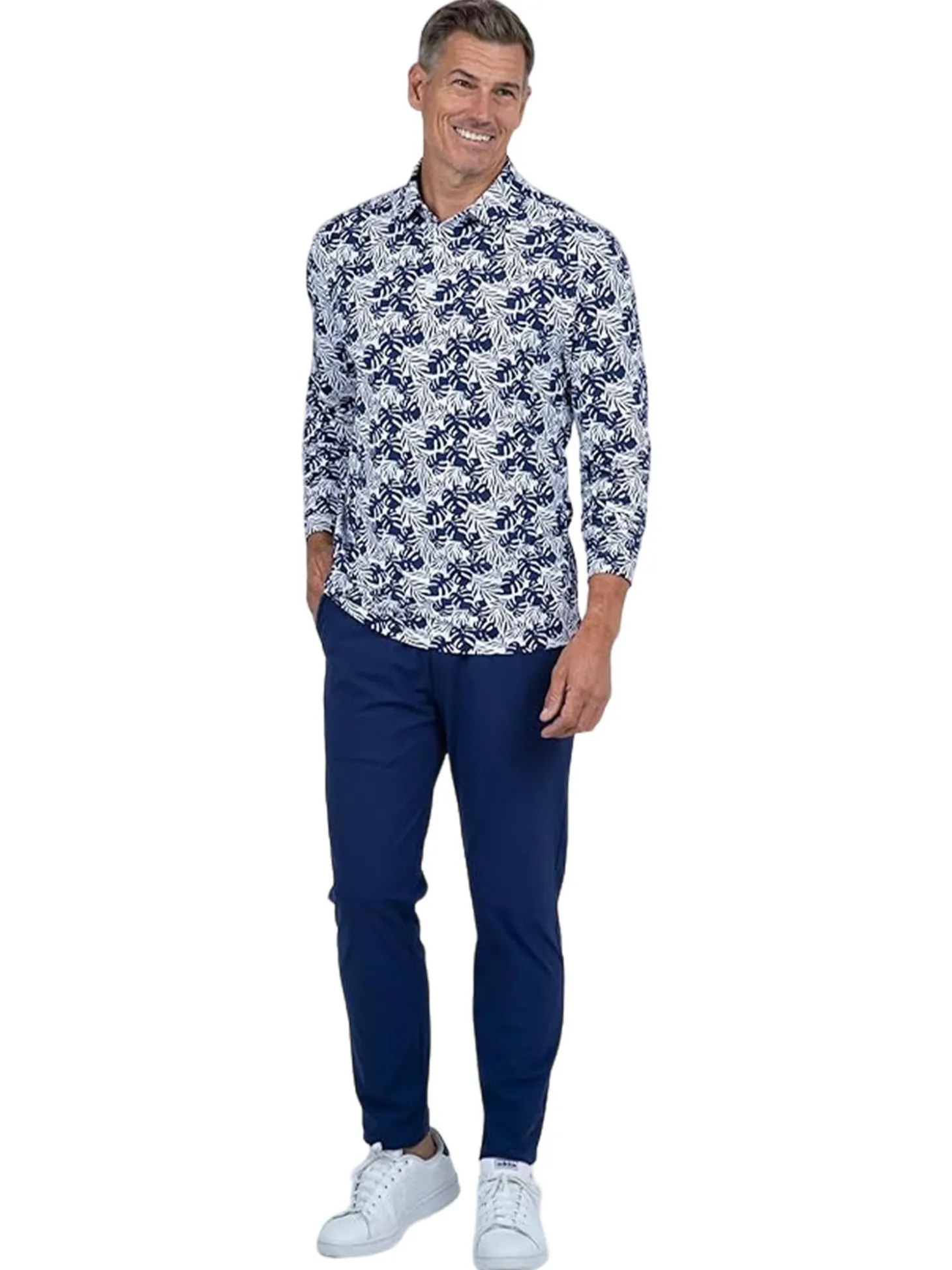 IBKUL Palm Leaf Print Long Sleeve Polo - White/Ink