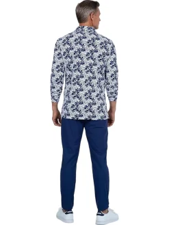 IBKUL Palm Leaf Print Long Sleeve Polo - White/Ink