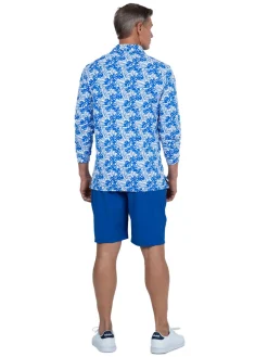 IBKUL Palm Leaf Print Long Sleeve Polo - White/Royal