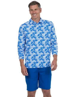 IBKUL Palm Leaf Print Long Sleeve Polo - White/Royal