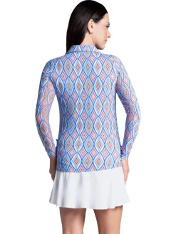 IBKUL Romina Print Long Sleeve Zip Polo - Blue Multi