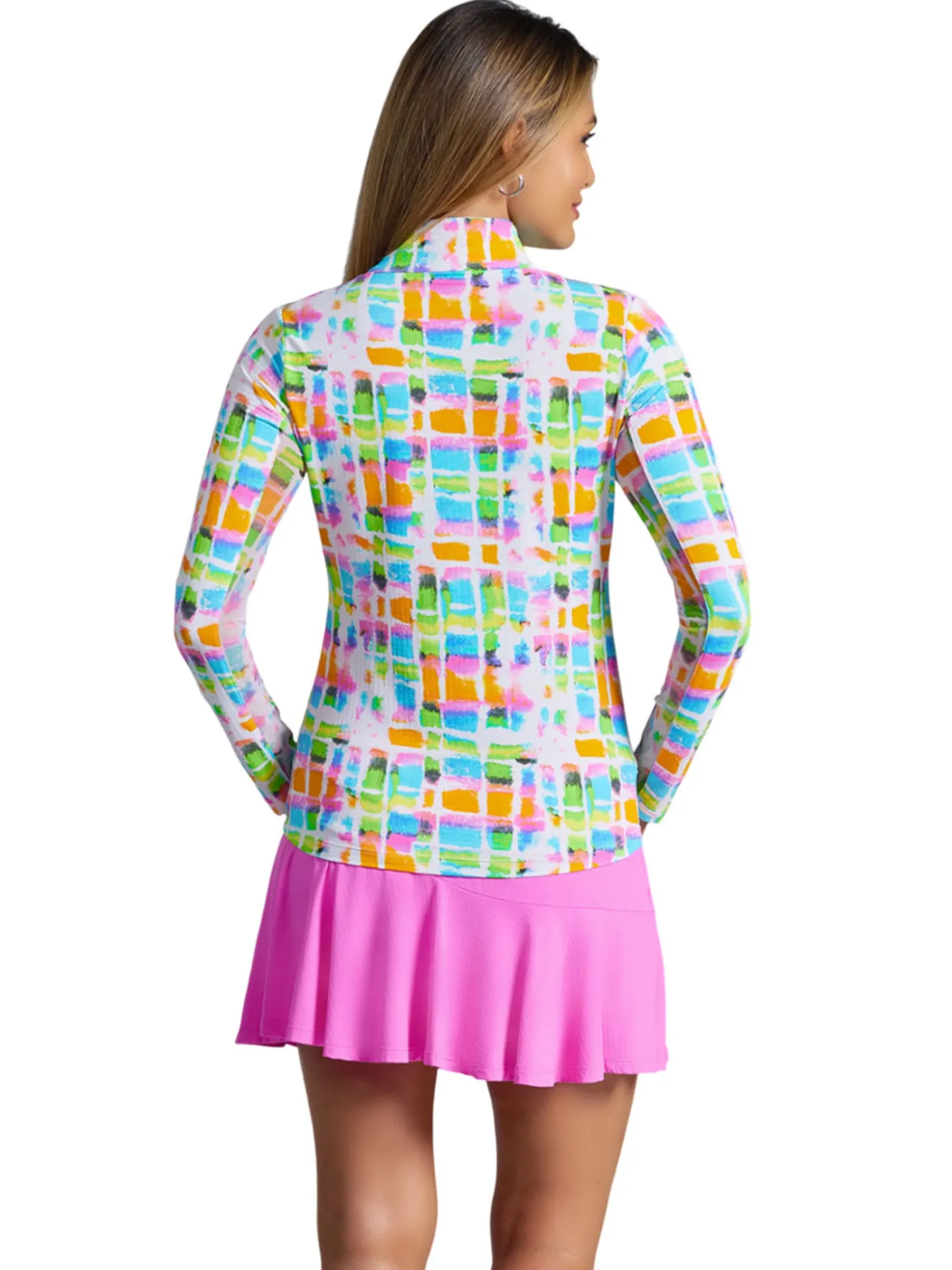 IBKUL Tatiana Print Long Sleeve Mock Neck Top - Hot Pink Multi